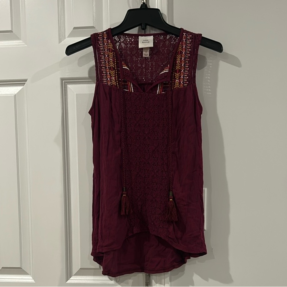 Knox Rose Women's Tank Top Embroidered Lace Tie Tassels Peasant Boho